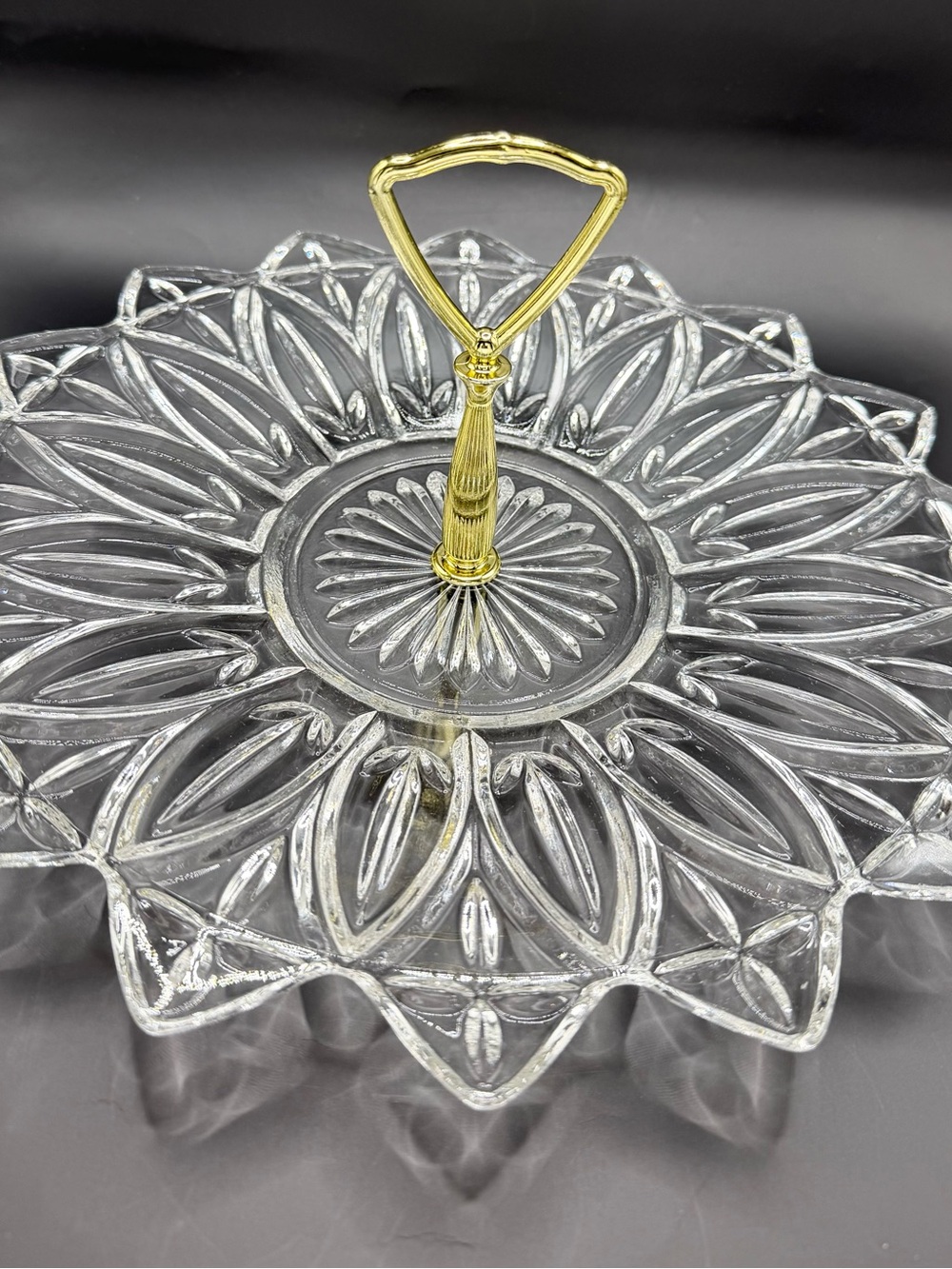 Federal Glass Petal Pattern Clear Round Flower Shaped Plate Dish with Handle